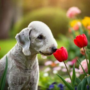 Bedlington Terrier 8 Bedlington Terrier oliendo tulipanes en un jardín lleno de flores.