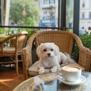 Bichón maltés 10 Bichón maltés sentado en una silla de cafetería en el centro de la ciudad.