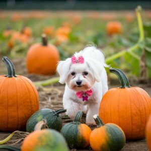 Bichón maltés 5 Cachorro de bichón maltés con lazo rosa entre calabazas en otoño.