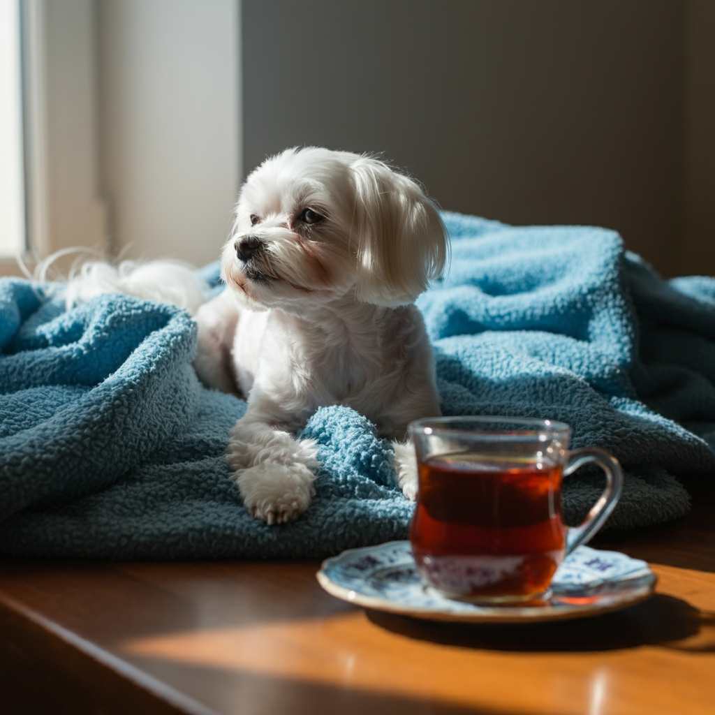 Bichón maltés 3 Bichón maltés descansando sobre una manta junto a una taza de té.
