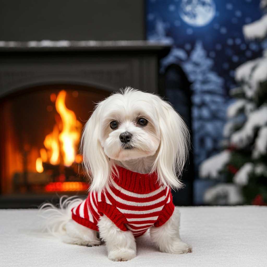 Bichón maltés 1 Bichón maltés con un jersey rojo y blanco junto a una chimenea.