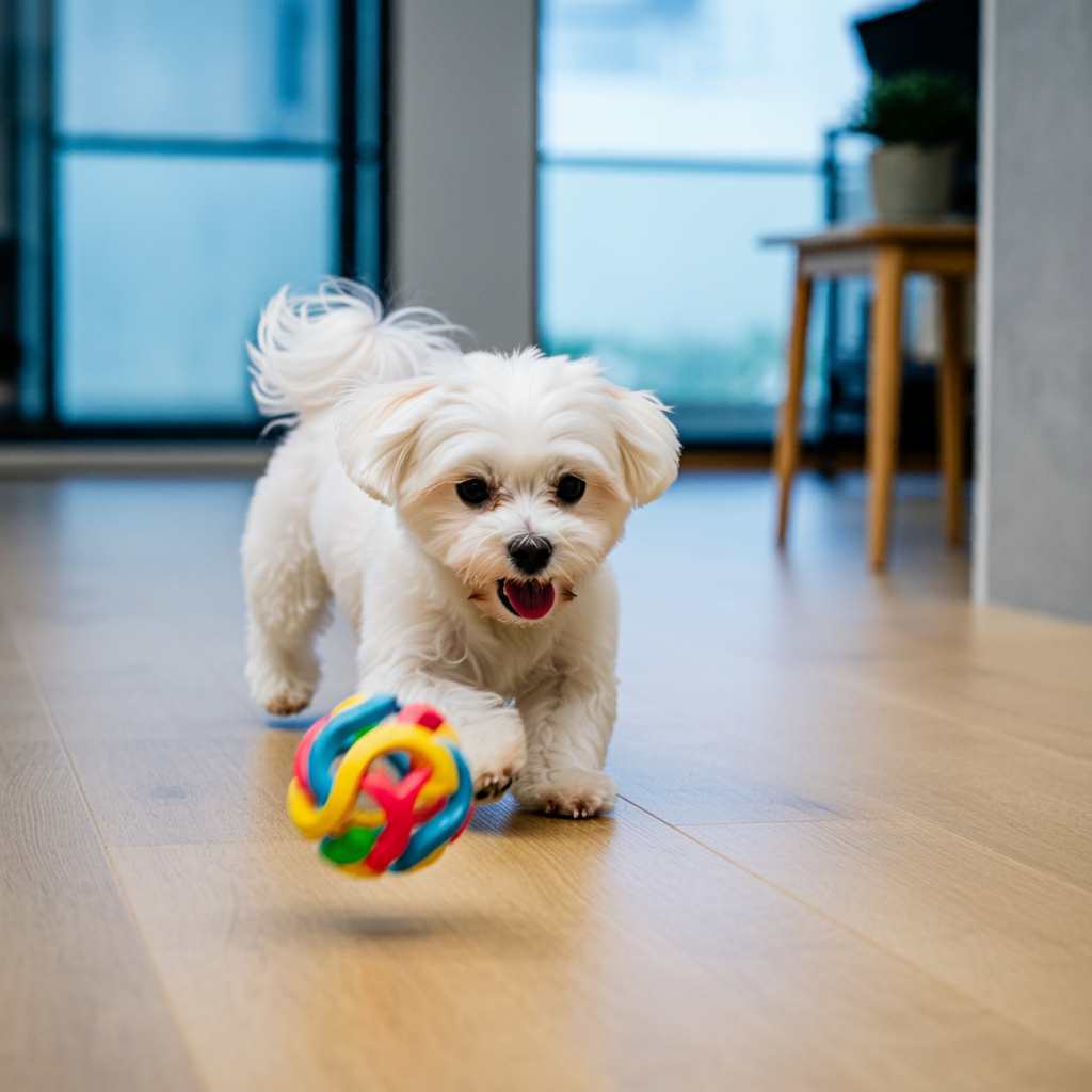 Bichón maltés 8 Bichón maltés jugando con una pelota de colores en el suelo de una sala.