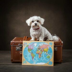 Bichón maltés 2 Bichón maltés sentado sobre una maleta con un mapa del mundo.