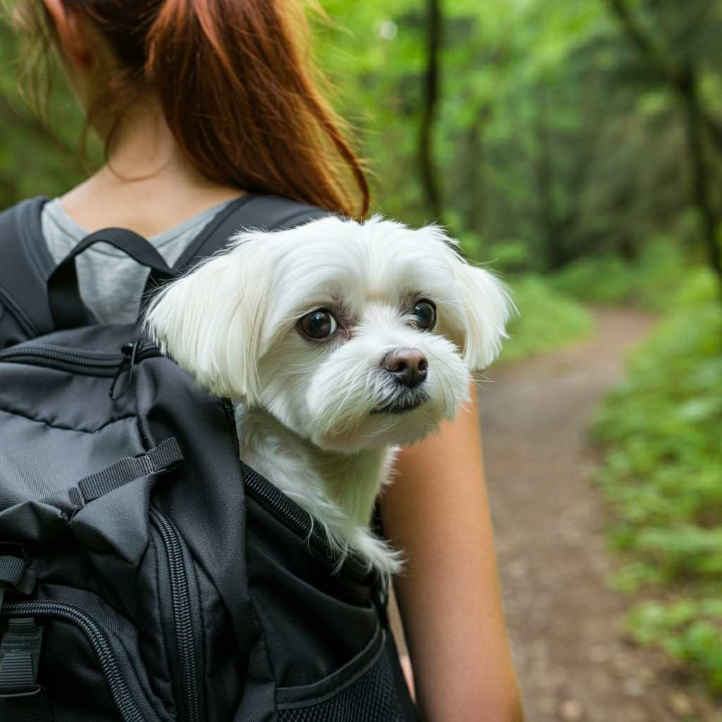 Bichón maltés 6 Bichón maltés en una mochila durante una caminata en el bosque.