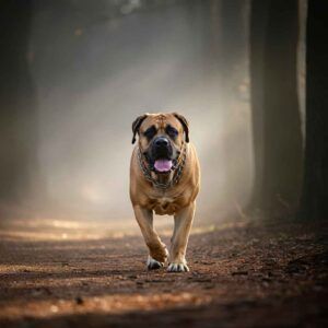 Boerboel 2 Boerboel caminando por un bosque con niebla.