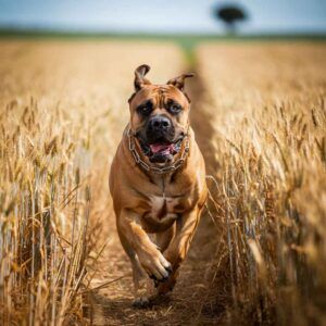 Boerboel 8 Boerboel corriendo por un campo de trigo.