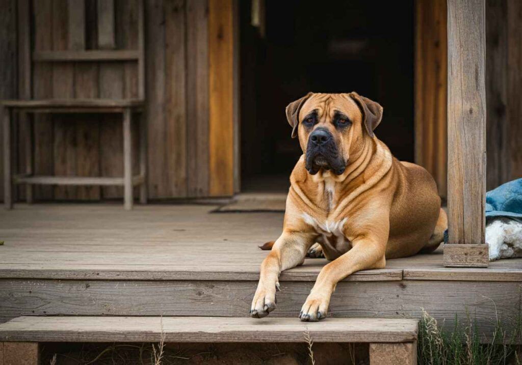Boerboel 9 Boerboel tumbado en el porche de una casa rústica.