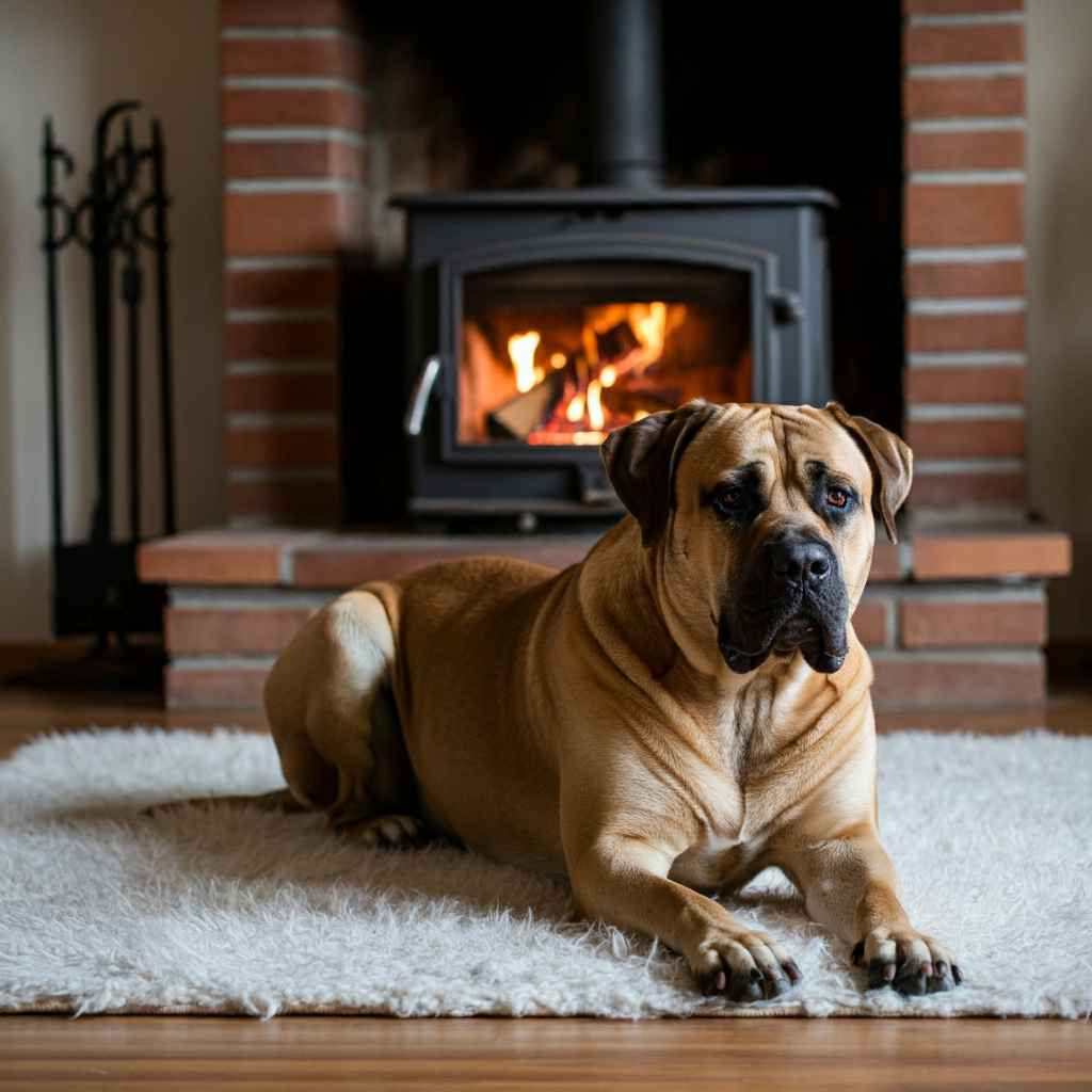 Boerboel 1 Boerboel tumbado frente a una chimenea encendida.