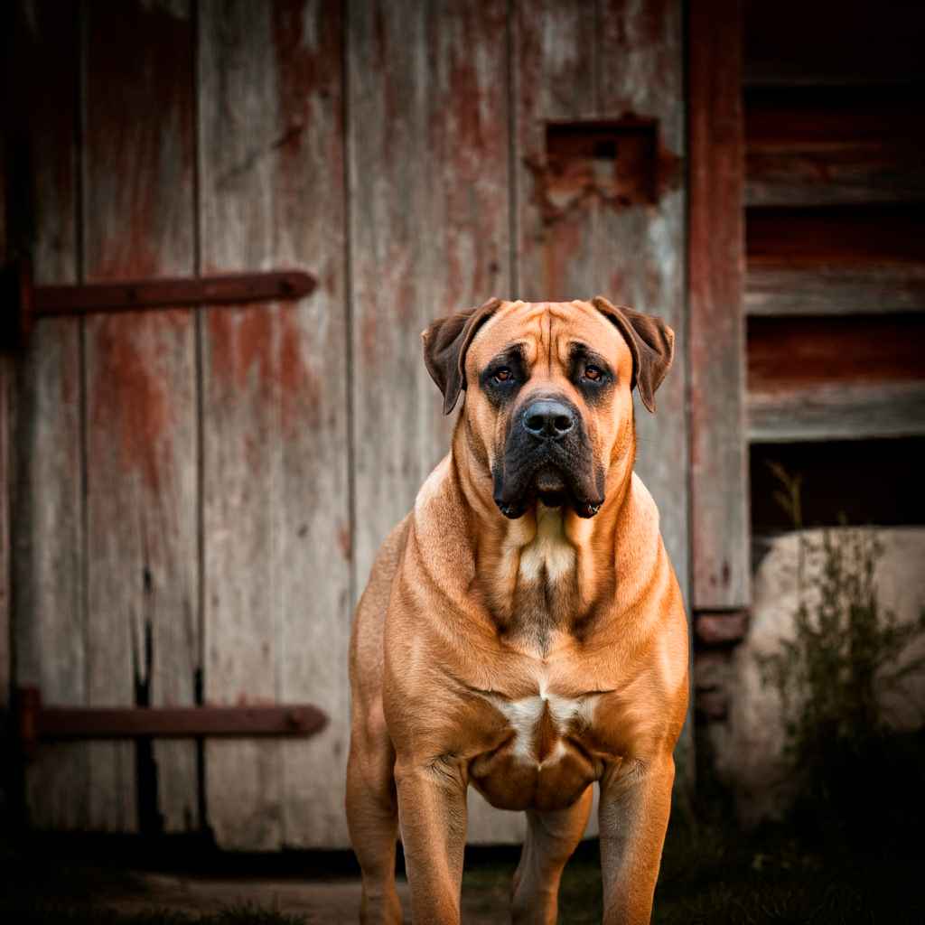 Boerboel 3 Boerboel de pie frente a una puerta de madera en una granja.