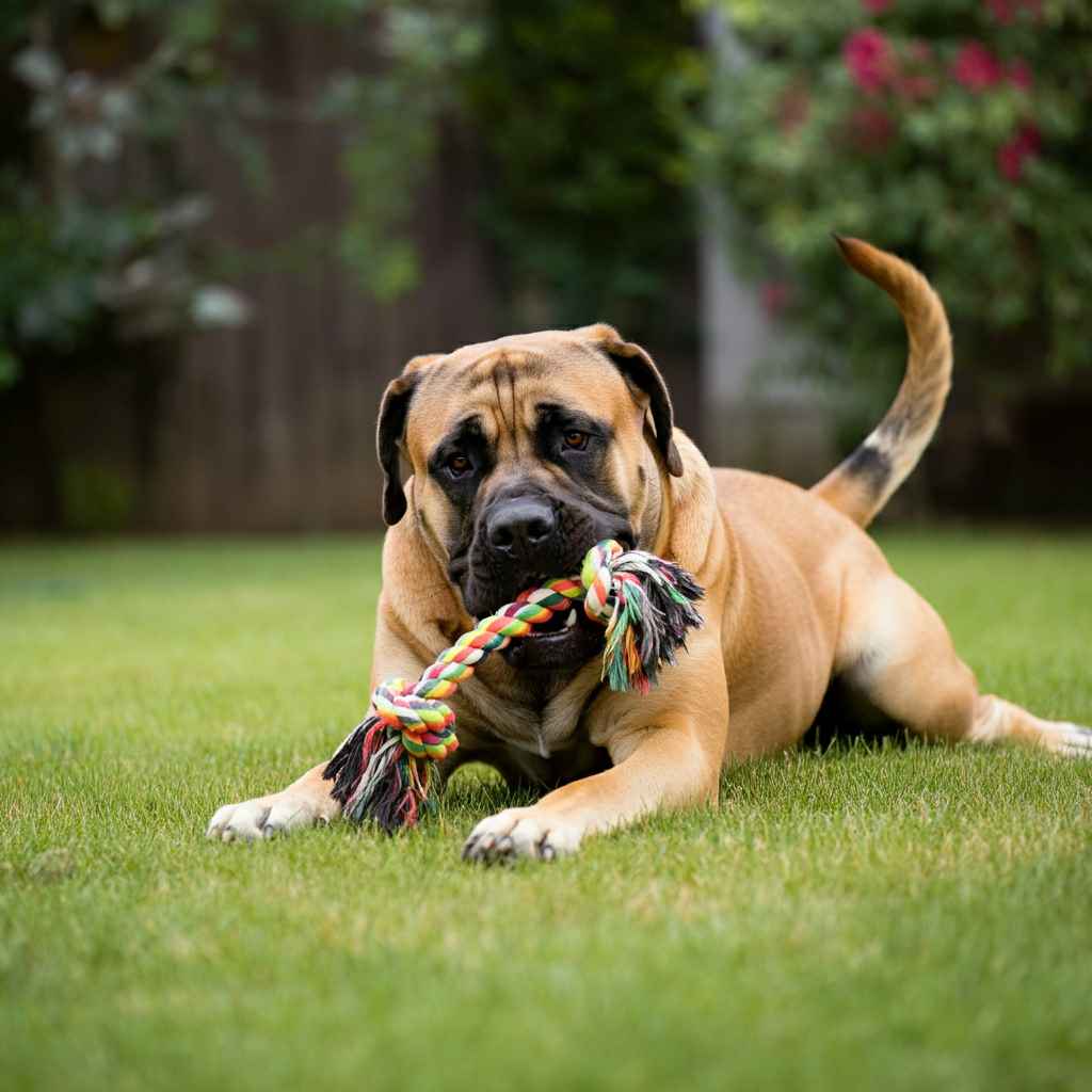 Boerboel 6 Boerboel jugando con un juguete de cuerda en el jardín.