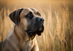 Boerboel 7 Retrato de un Boerboel en un campo con espigas doradas.