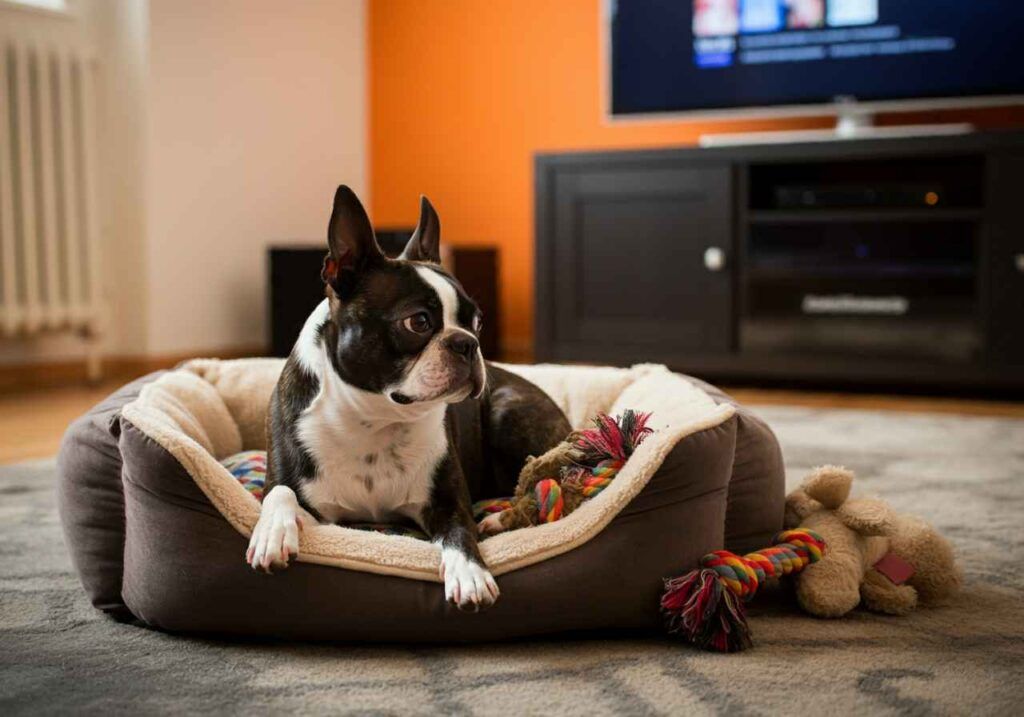 Boston Terrier descansando en una cama cómoda con juguetes cerca.