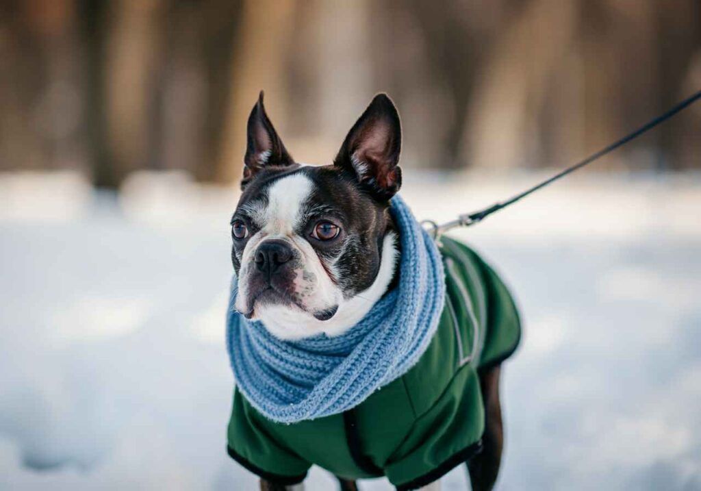 Boston Terrier vestido con ropa de invierno durante un paseo en la nieve.