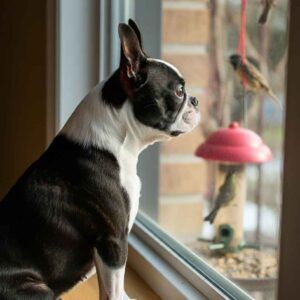 Boston Terrier observando pájaros desde una ventana.