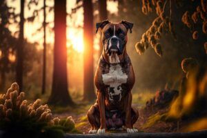 Boxer sentado en el bosque, rodeado de naturaleza al atardecer.