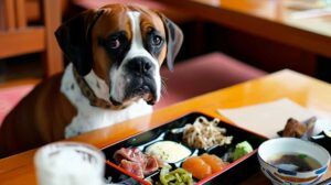 Perro Boxer frente a un plato de comida en un restaurante japonés.