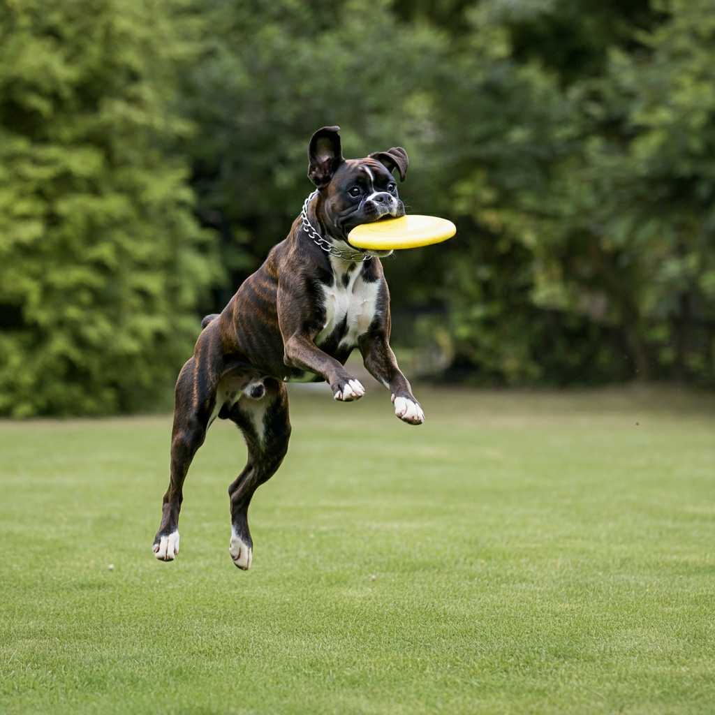 Boxer saltando para atrapar un disco en un parque.