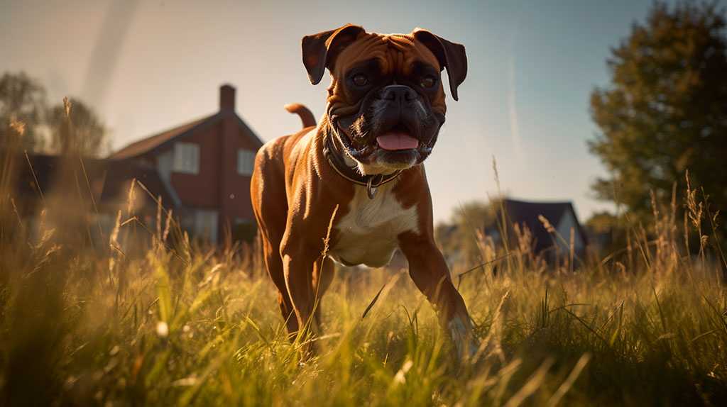 Boxer corriendo en una pradera frente a una casa rural.