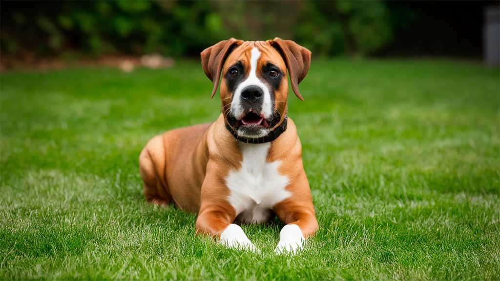 Boxer adulto tumbado en el césped de un jardín.