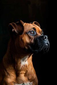 Retrato de Boxer en fondo oscuro mirando al horizonte.