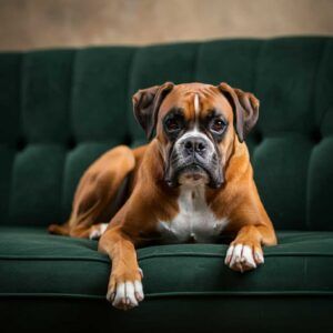 Boxer tumbado en un sofá verde en el interior de una casa.