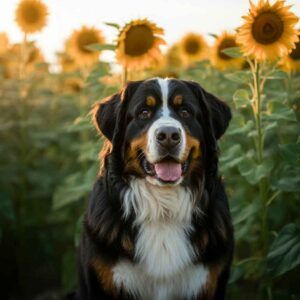 Boyero de Berna 2 Boyero de Berna sentado frente a un campo de girasoles al atardecer.