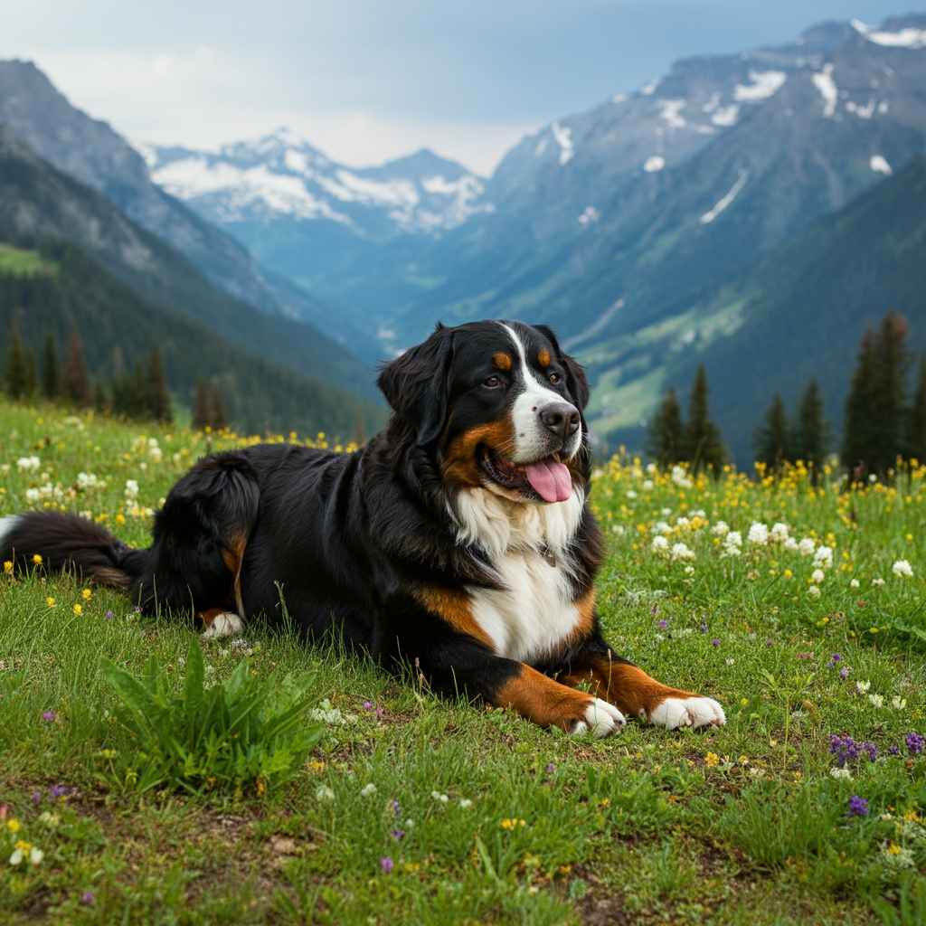 Boyero de Berna 1 Boyero de Berna descansando en una pradera alpina con montañas al fondo.