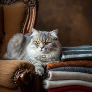 Británica de Pelo Largo recostada en una silla de estilo vintage con mantas.