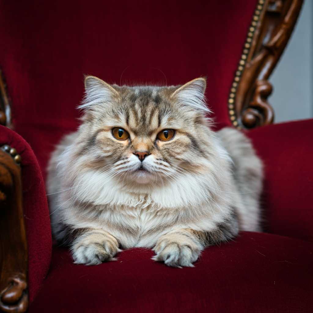 Británica de Pelo Largo sentada en un sillón rojo de estilo clásico.