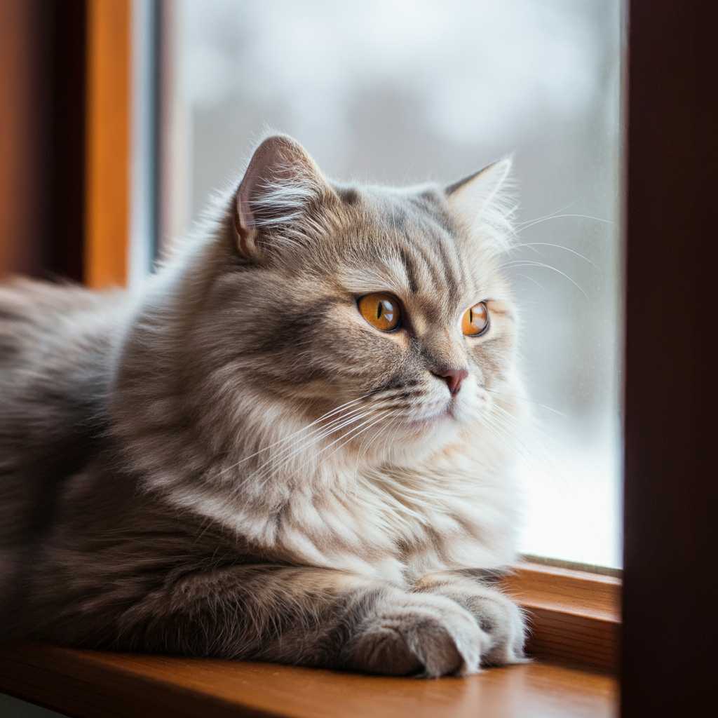 Británica de Pelo Largo de pelaje espeso mirando por la ventana en un día de invierno.