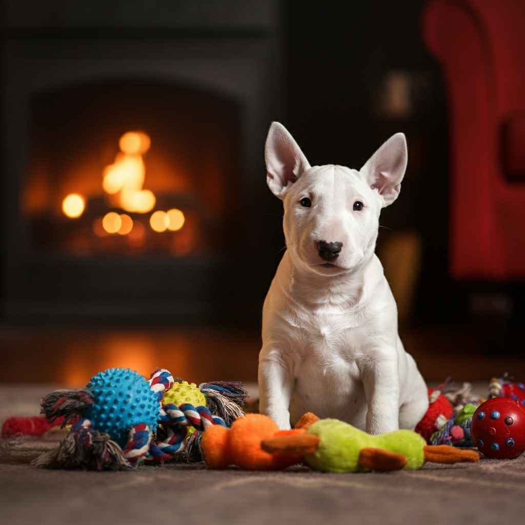 Cachorro de Bull Terrier blanco rodeado de juguetes en una sala con chimenea encendida.