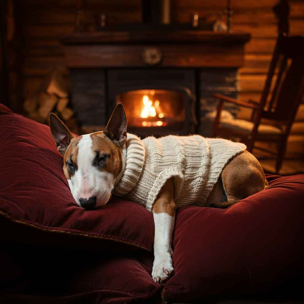 Bull Terrier adulto descansando en un sofá frente a una chimenea, vistiendo un jersey de lana.