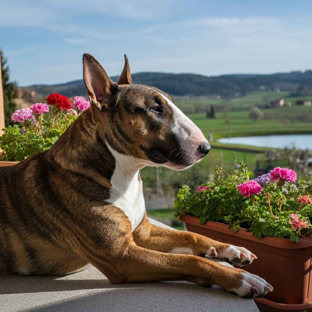 Bull Terrier tricolor descansando en un balcón con macetas de flores.