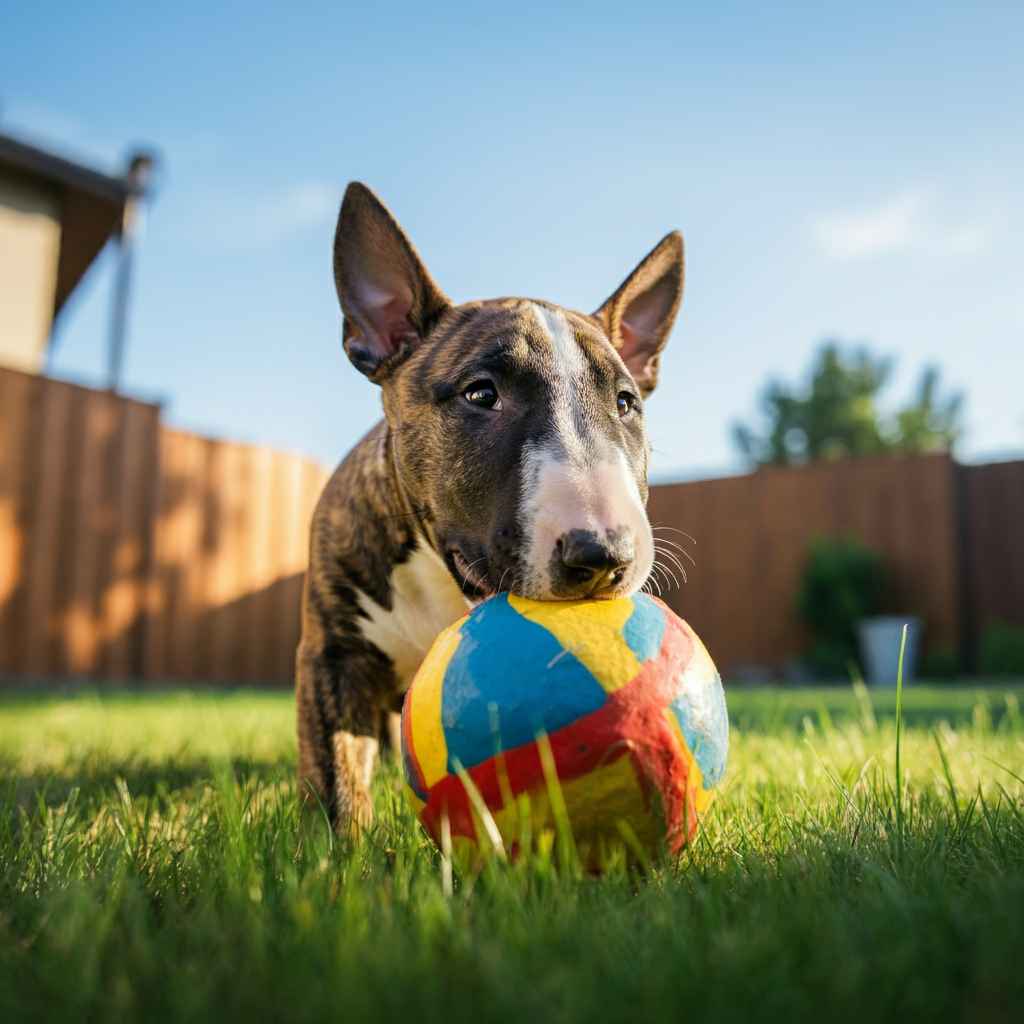 Bull Terrier marrón con pelota de colores en el césped.