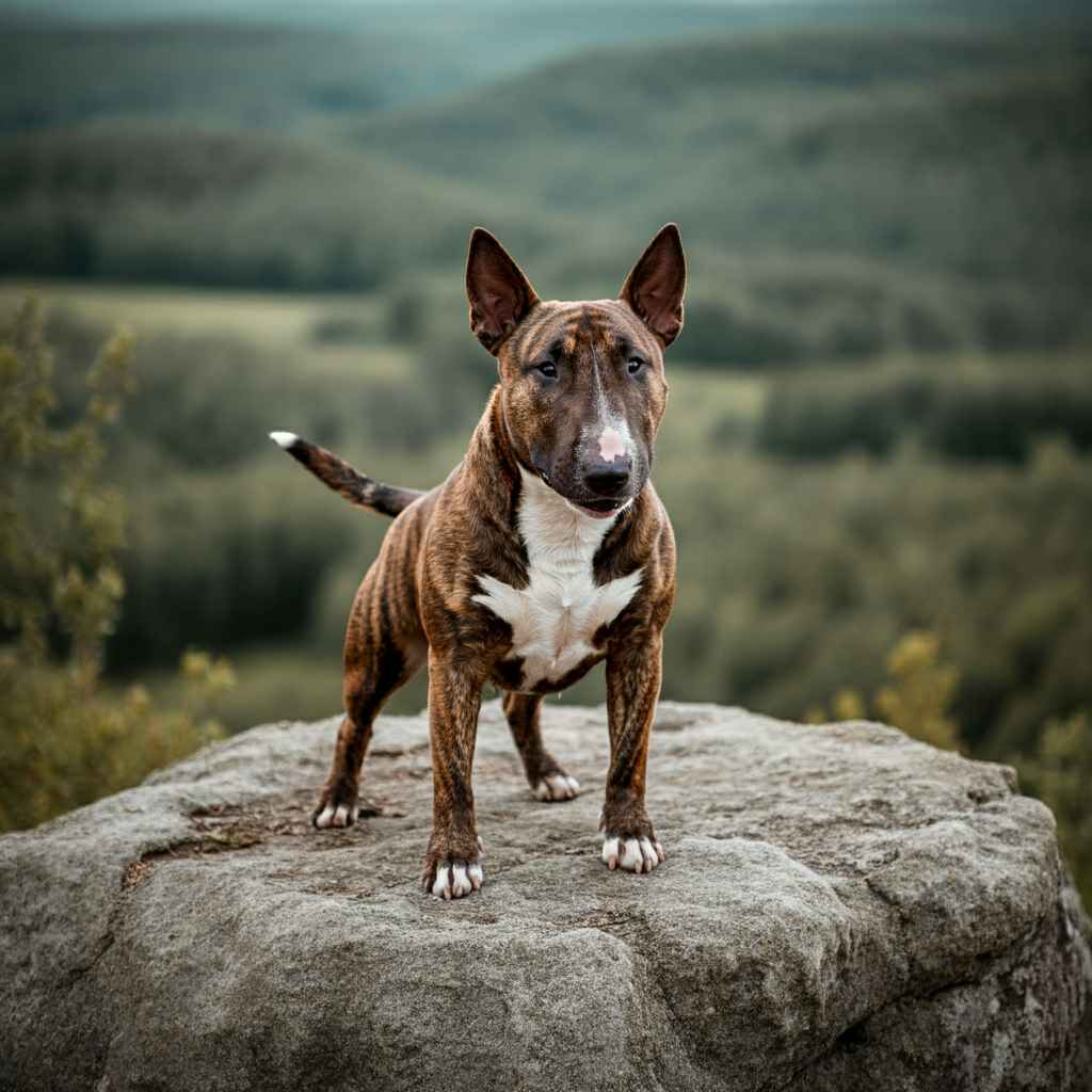 Bull Terrier atigrado de pie sobre una roca en un mirador natural.