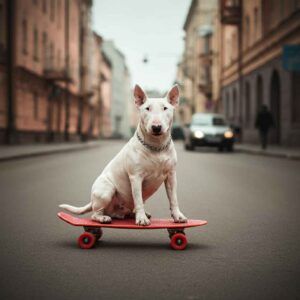 Bull Terrier blanco sobre una patineta en una calle urbana.
