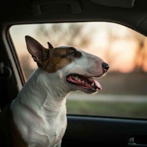 Bull Terrier marrón y blanco mirando por la ventana de un coche.