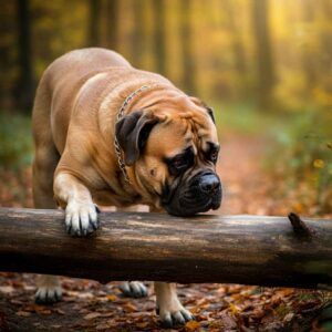 Bullmastiff en el bosque, apoyado sobre un tronco de árbol.
