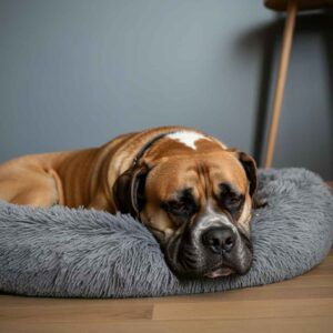 Bullmastiff tumbado en una cama acolchada gris, en el interior de una casa.