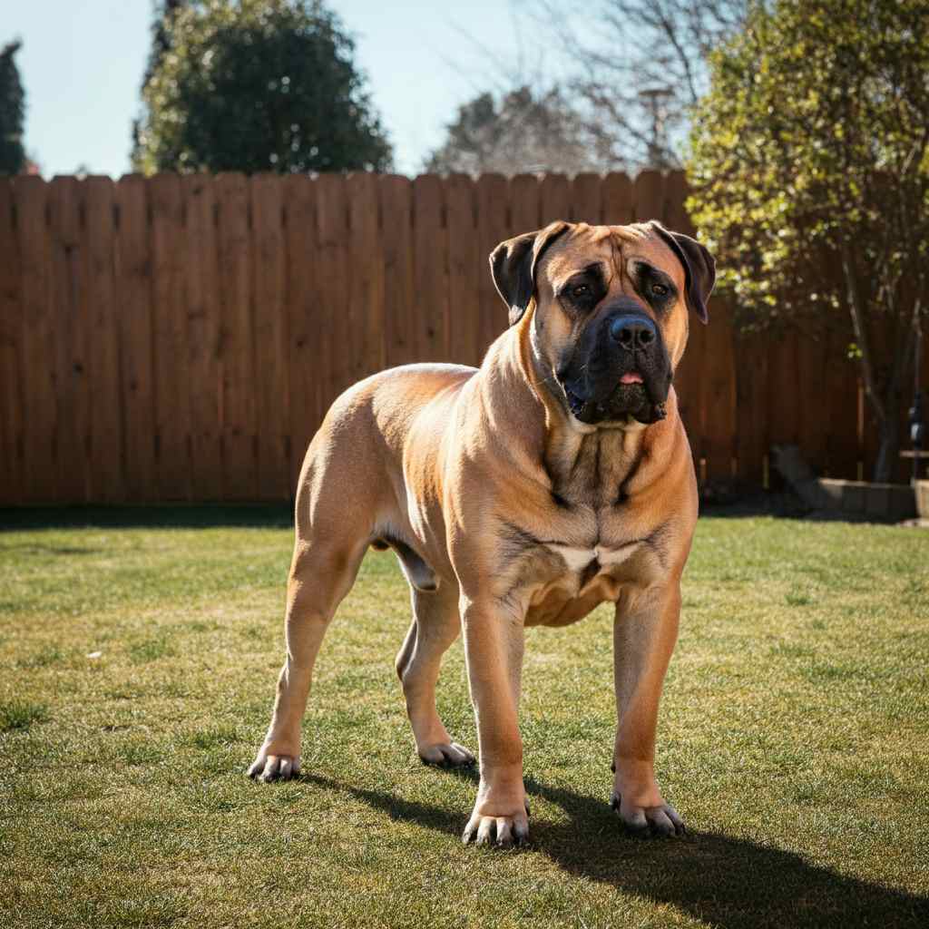 Bullmastiff de pie en el jardín, disfrutando del día soleado