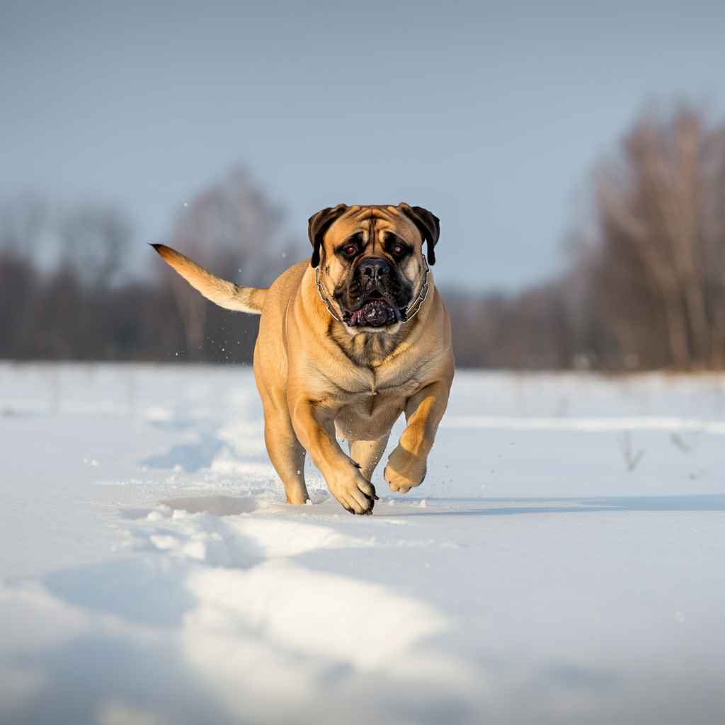 Bullmastiff corriendo en la nieve, mostrando energía y fuerza.