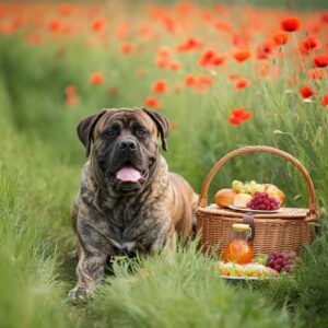 Bullmastiff tumbado junto a una cesta de picnic en un campo de flores.