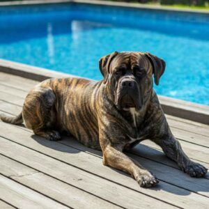 Bullmastiff atigrado descansando junto a una piscina, con mirada serena.