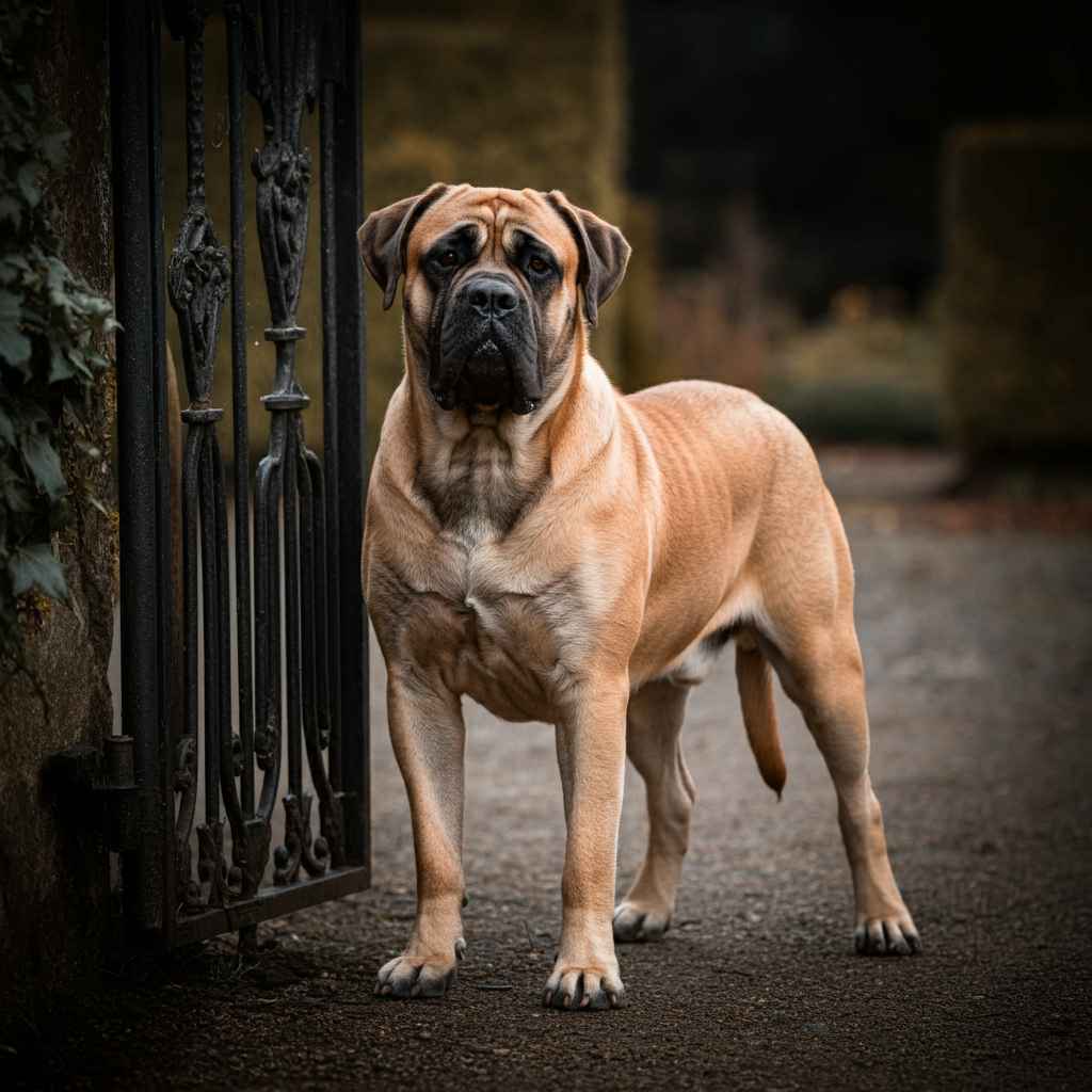 Bullmastiff de pie junto a un portón de hierro, vigilante.