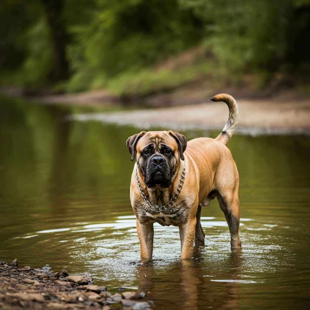 Bullmastiff en el agua de un río, disfrutando del entorno natural.