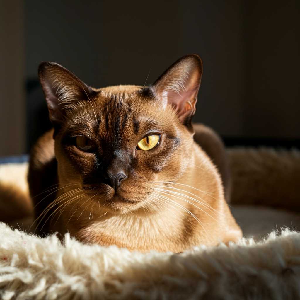 Gato burmés 1 Gato burmés recostado en una cama suave.