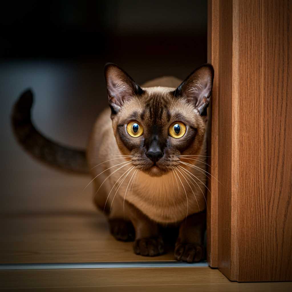 Gato burmés 3 Gato burmés observando desde detrás de una puerta.