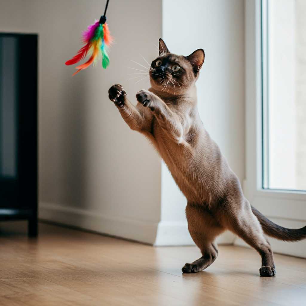 Gato burmés 7 Gato burmés jugando con una pluma colorida.