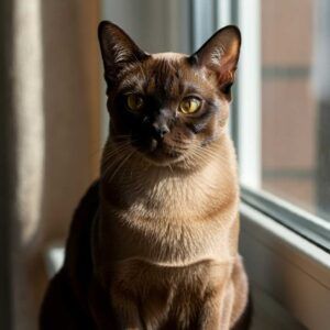 Gato burmés 5 Gato burmés sentado en una ventana iluminada por el sol.