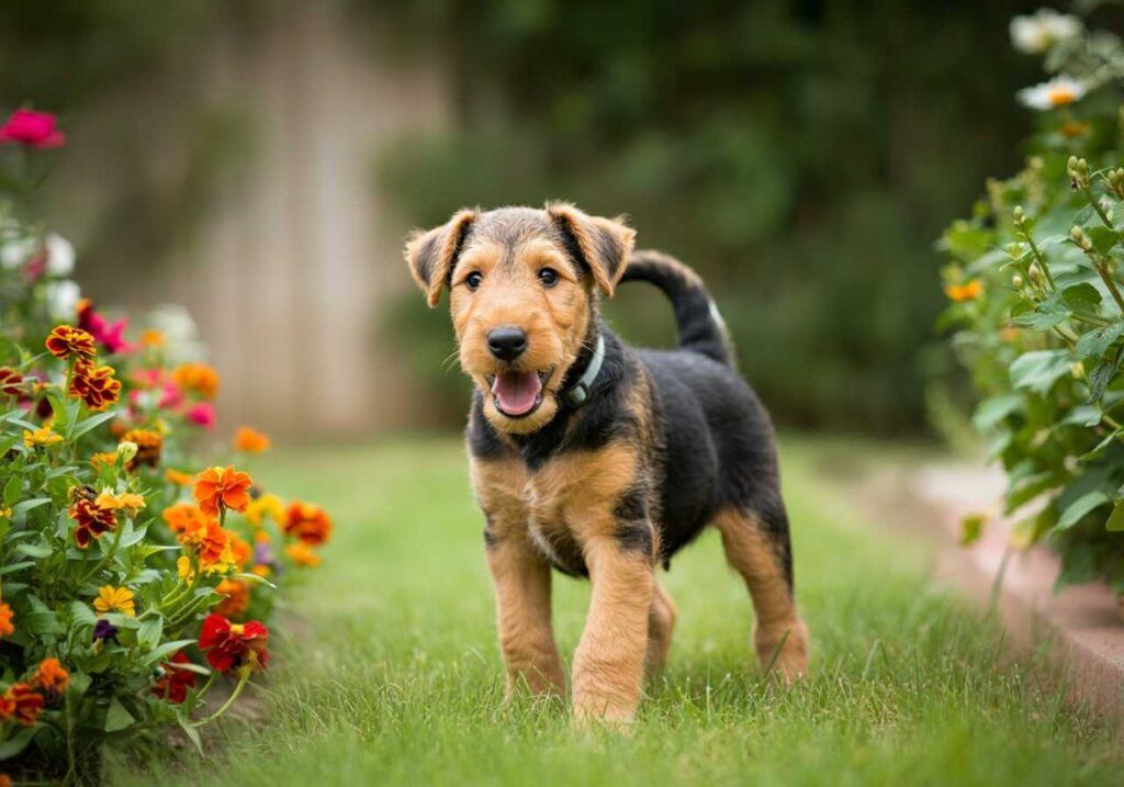 Airedale Terrier 10 Cachorro de Airedale Terrier caminando en un jardín con flores.